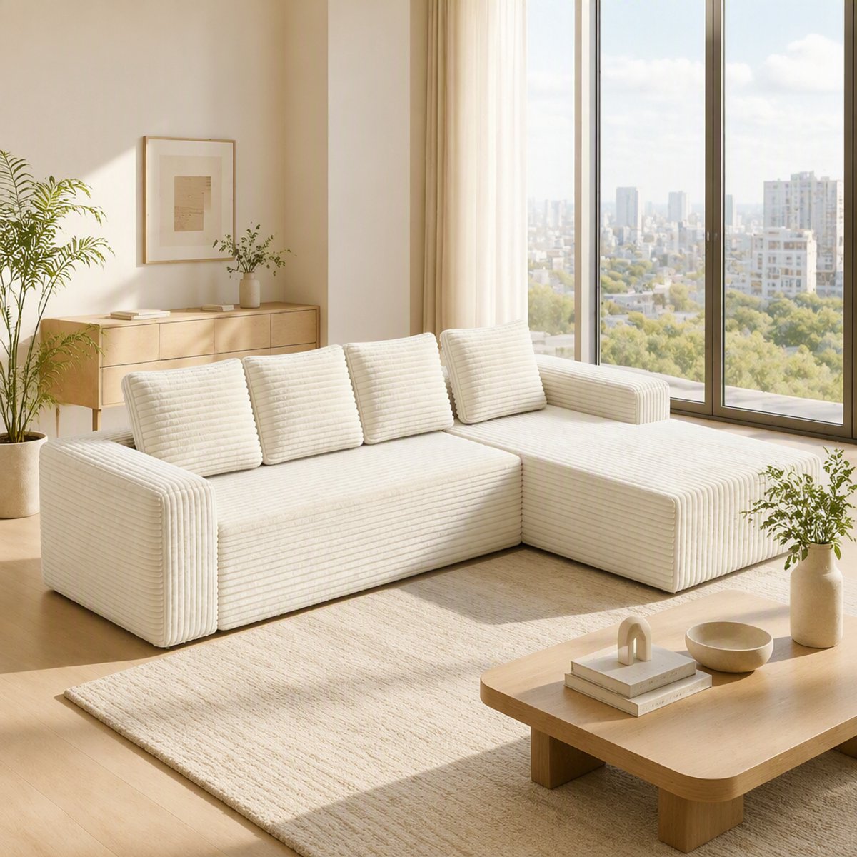 Hoekbank L-Shape 261 cm - Modulaire Bank Met Chaise Lounge En Diepe Zit - Corduroy Beige