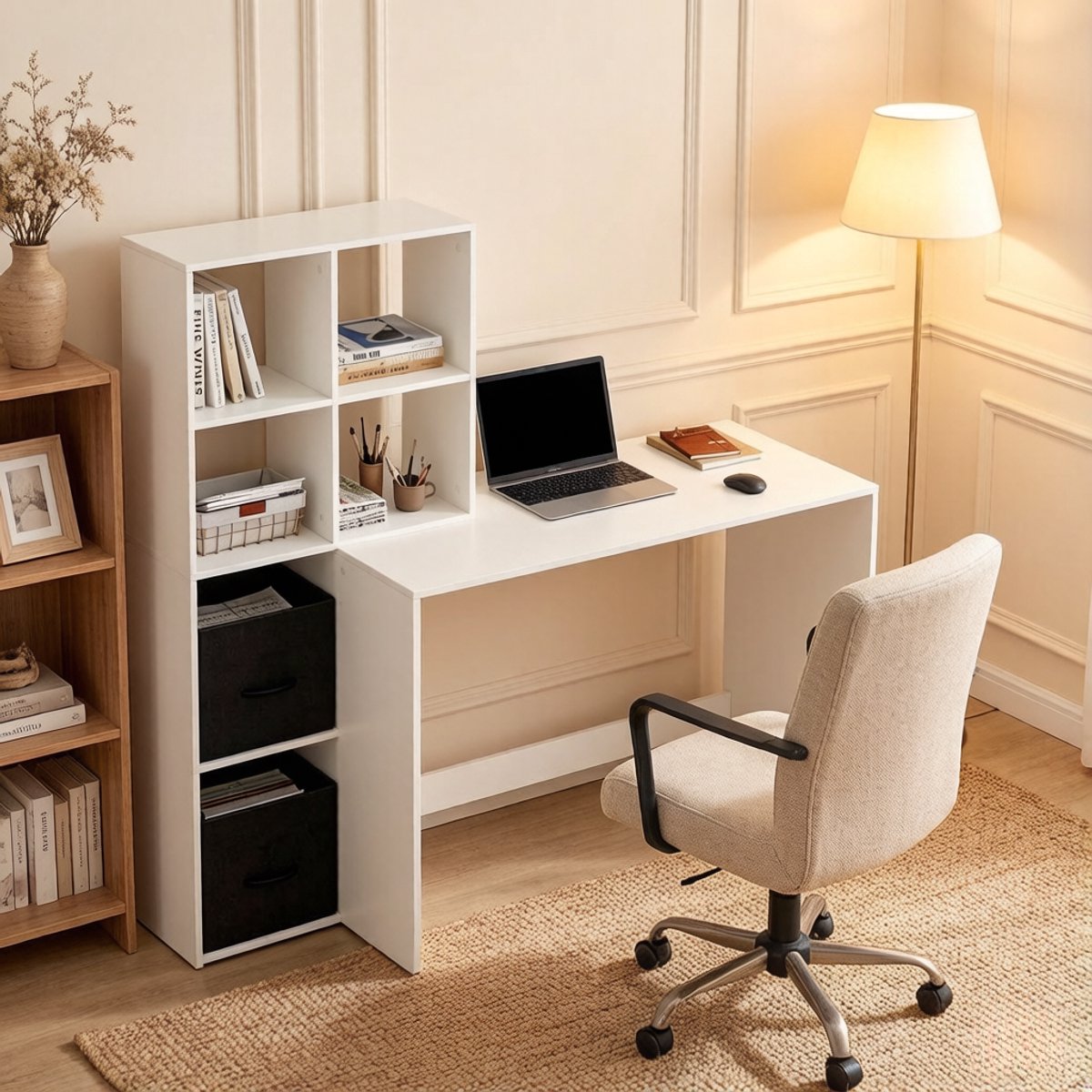 Bureau Met Boekenkast 140x50 cm - Computer Bureau Met 6 Opbergvakken En 2 Lades - E1 Hout Wit