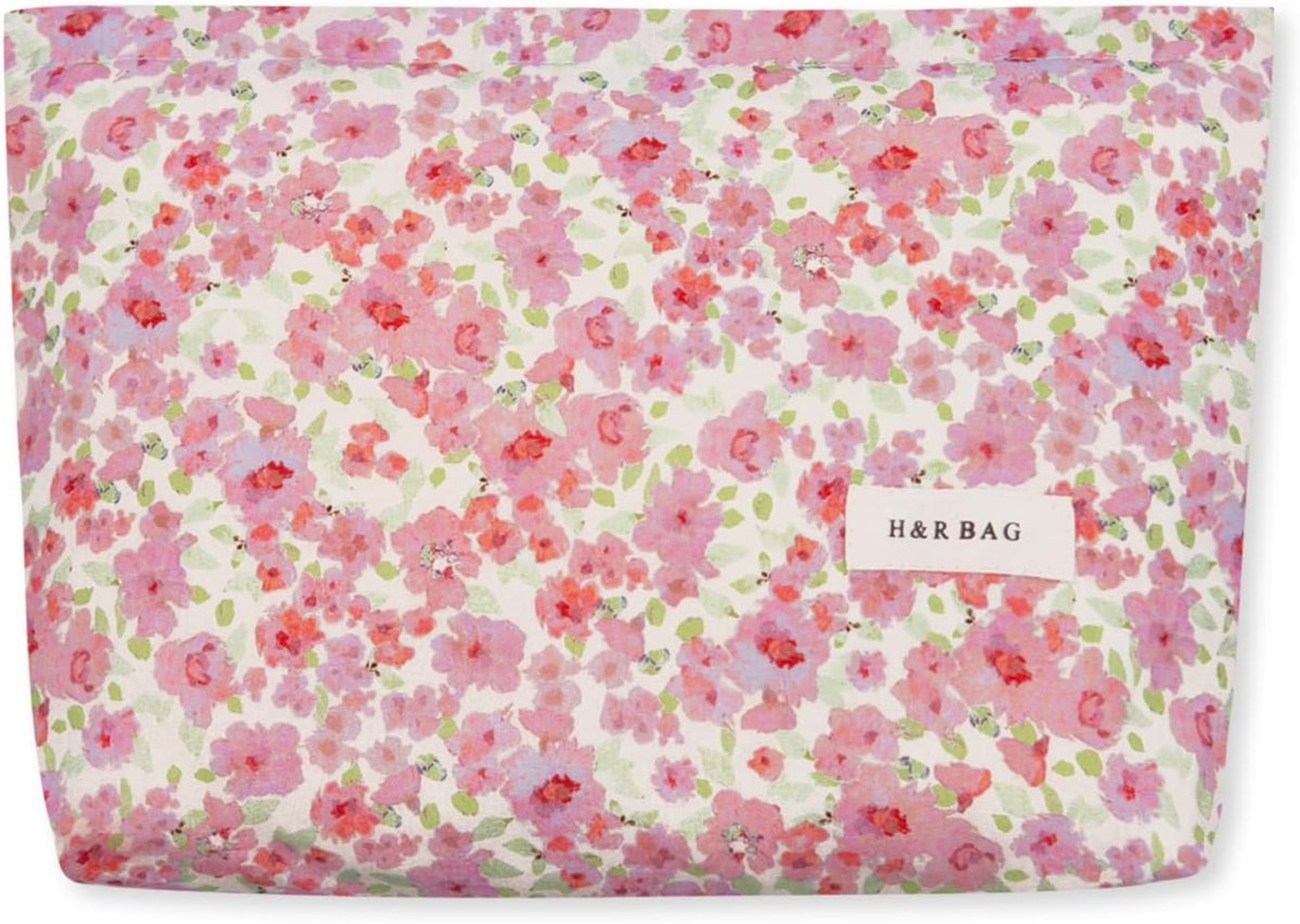 Make-up tas grote capaciteit - bloemenpatroon - roze katoen - ideaal voor reizen - ShopVlot