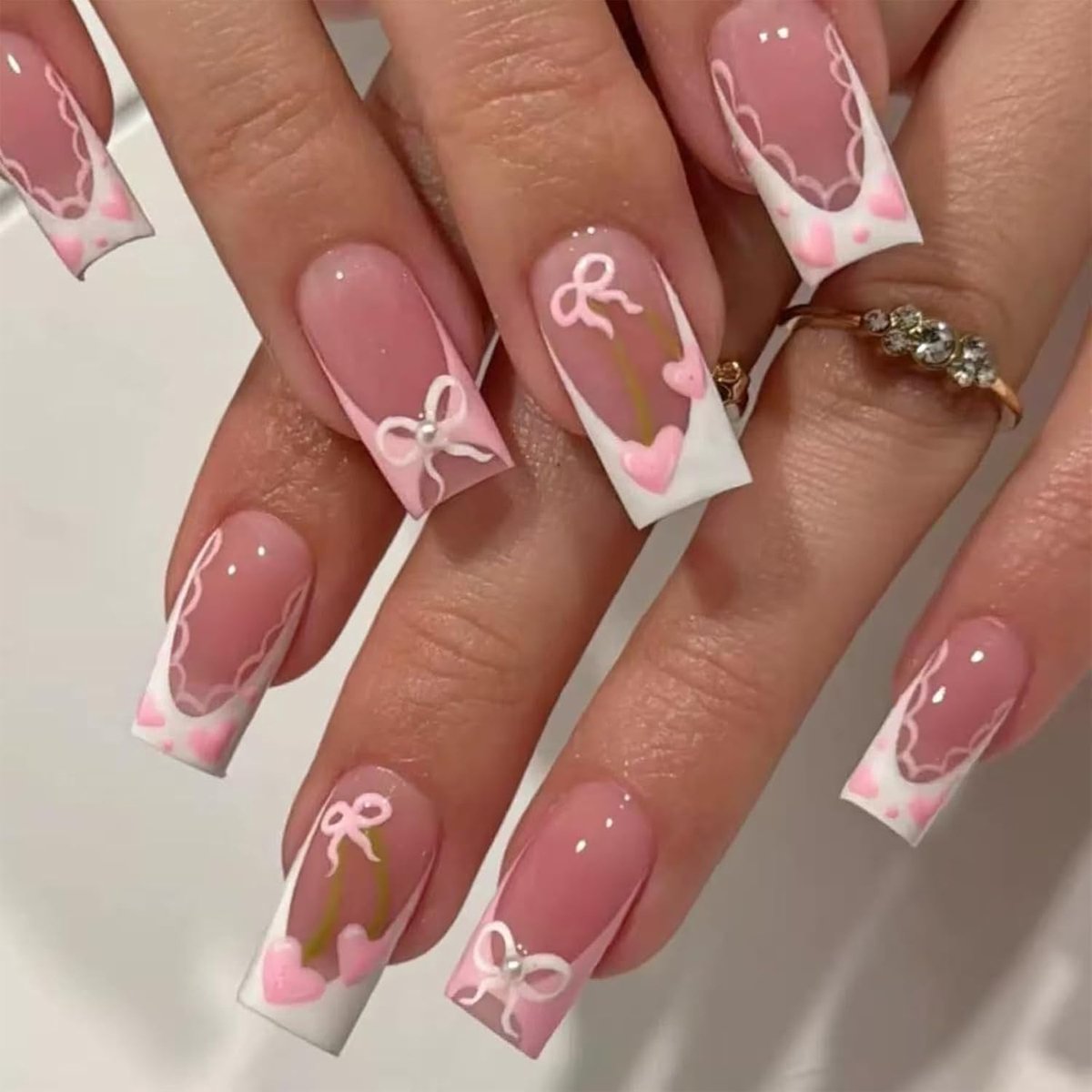 Press on Nails Lange Square - Roze French Nails - Strikdecoratie - Eenvoudige manicure thuis - ShopVlot