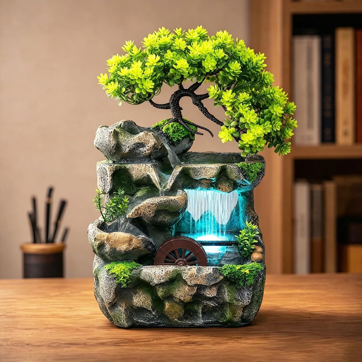 Tafelfontein met LED Verlichting - Groen Planten Decoratie - Geluidloze Pomp - Creëert een Rustgevende Sfeer - ShopVlot