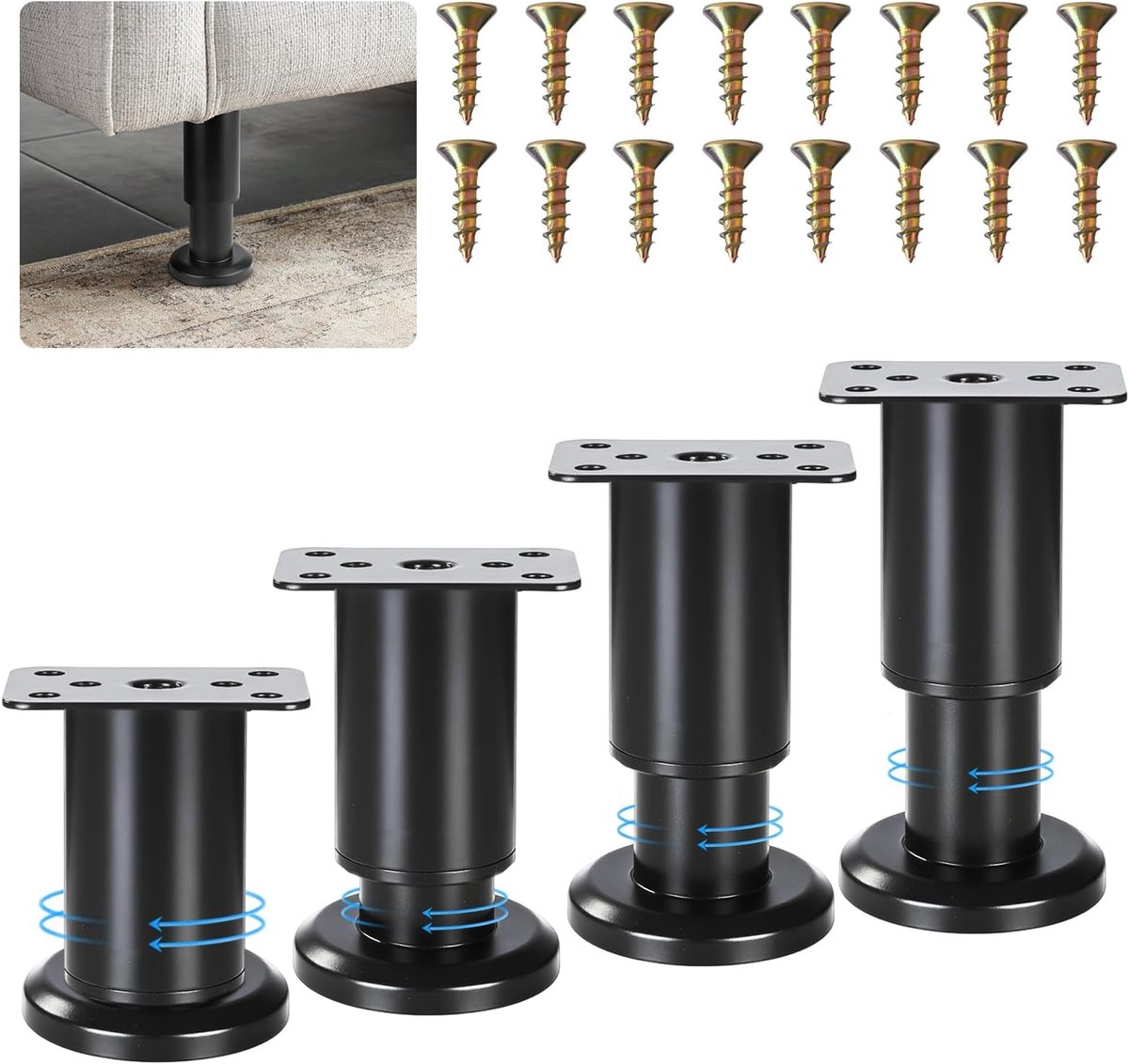 Meubelpoten verstelbaar 80-120 mm - Stalen poten voor meubels - Zwart met stabiliteitscoasters - ShopVlot