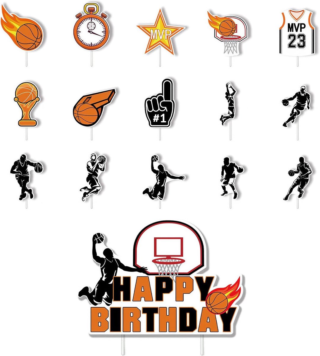 Basketbaltaartdecoratie 16 stuks - cupcake-toppers en taartdecoraties - voor basketbalthemafeesten - ShopVlot