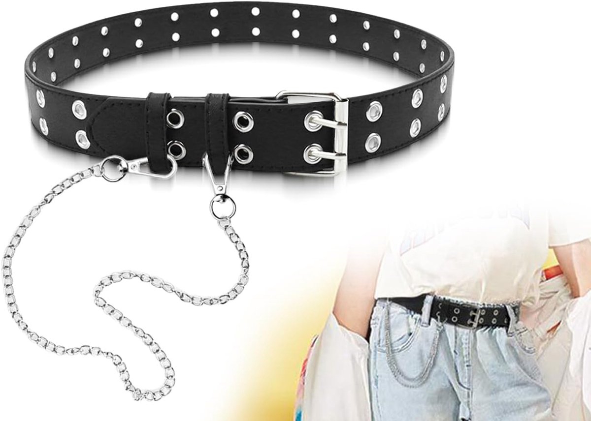 Punk kids riem 90cm - zwarte leren riem - met verwijderbare ketting - stoere uitstraling voor kinderen - ShopVlot