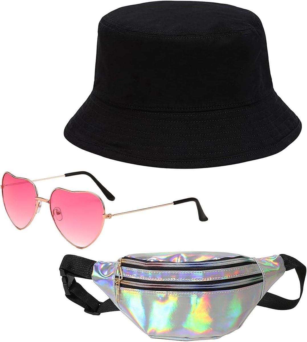 Party outfit Mallorca - kleurrijk PU leren heuptas - vissershoed en bril - perfect voor Malle feestjes - ShopVlot