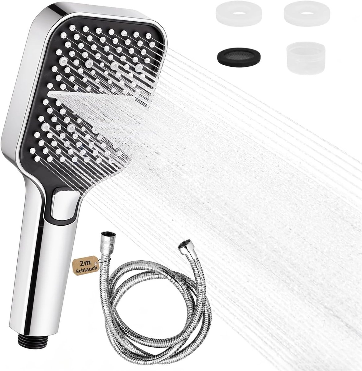 Douchekop met slang - Zilver - 2 m - Hogedruk Handdouche met 3 Straalsoorten - Voor Waterbesparend Douchen