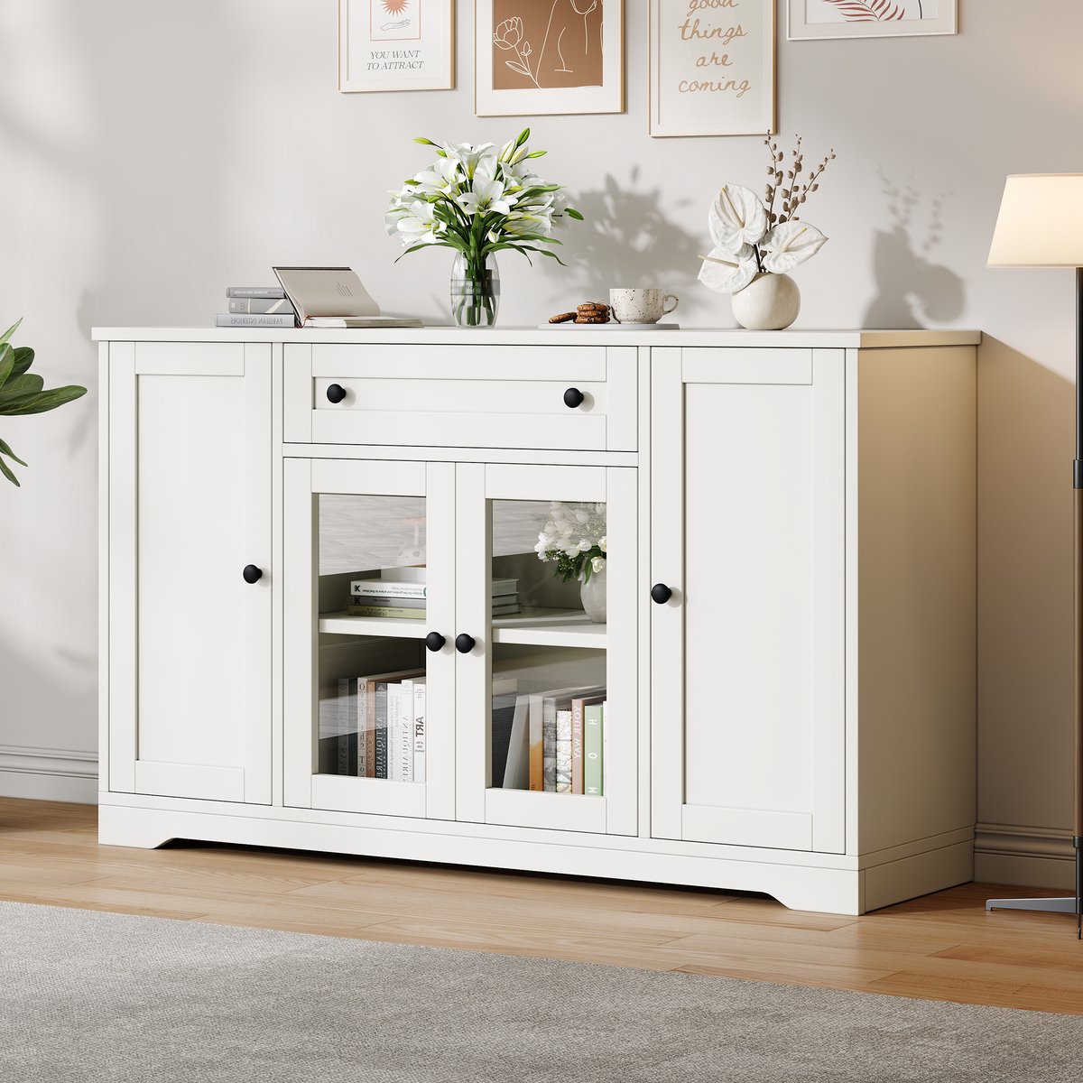 OKWISH Dressoir - 4 Deuren Met 2 Glasdeuren En 1 Lade - 138 x 40 x 83 cm - Opbergruimte Voor Woonkamer En Hal - MDF Wit