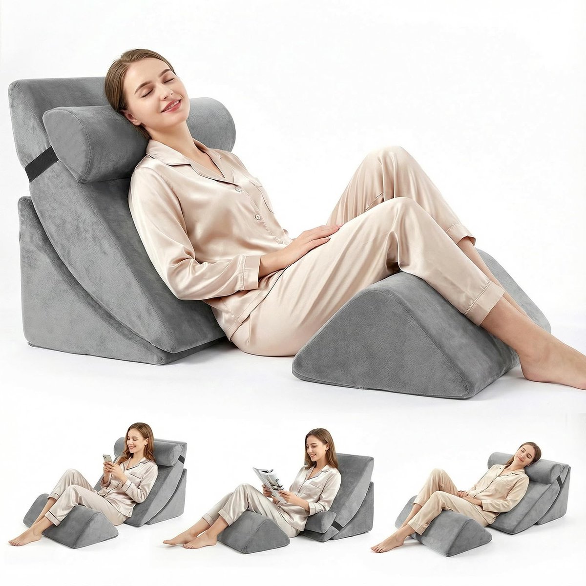 Schuin kussen - 4 stuks - 27 x 50 x 50 cm - driehoekig kussen - halfrond traagschuim - voor hoofd voor benen - verstelbaar voor slaapapneue - reflux - snurken - grijs