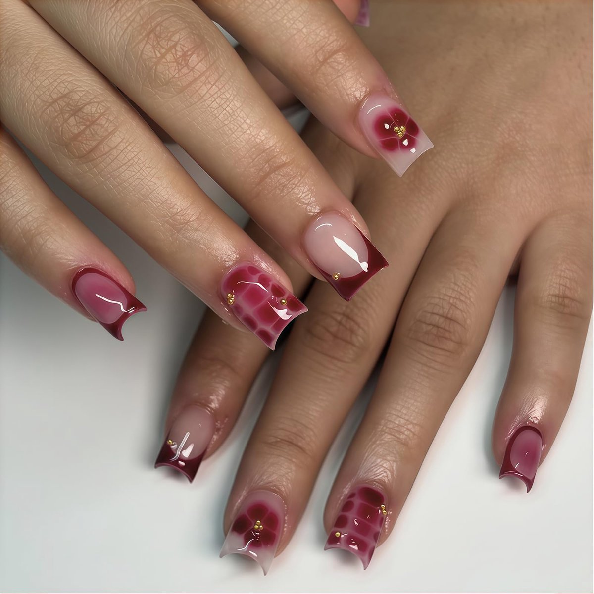 LunarCharm 24 Pieces Wine Red Press On Nails Short Square Fake Nails with Floral Design - Shiny Acrylic Adhesive Nails - Full Cover Reusable Adhesive Nails for Women