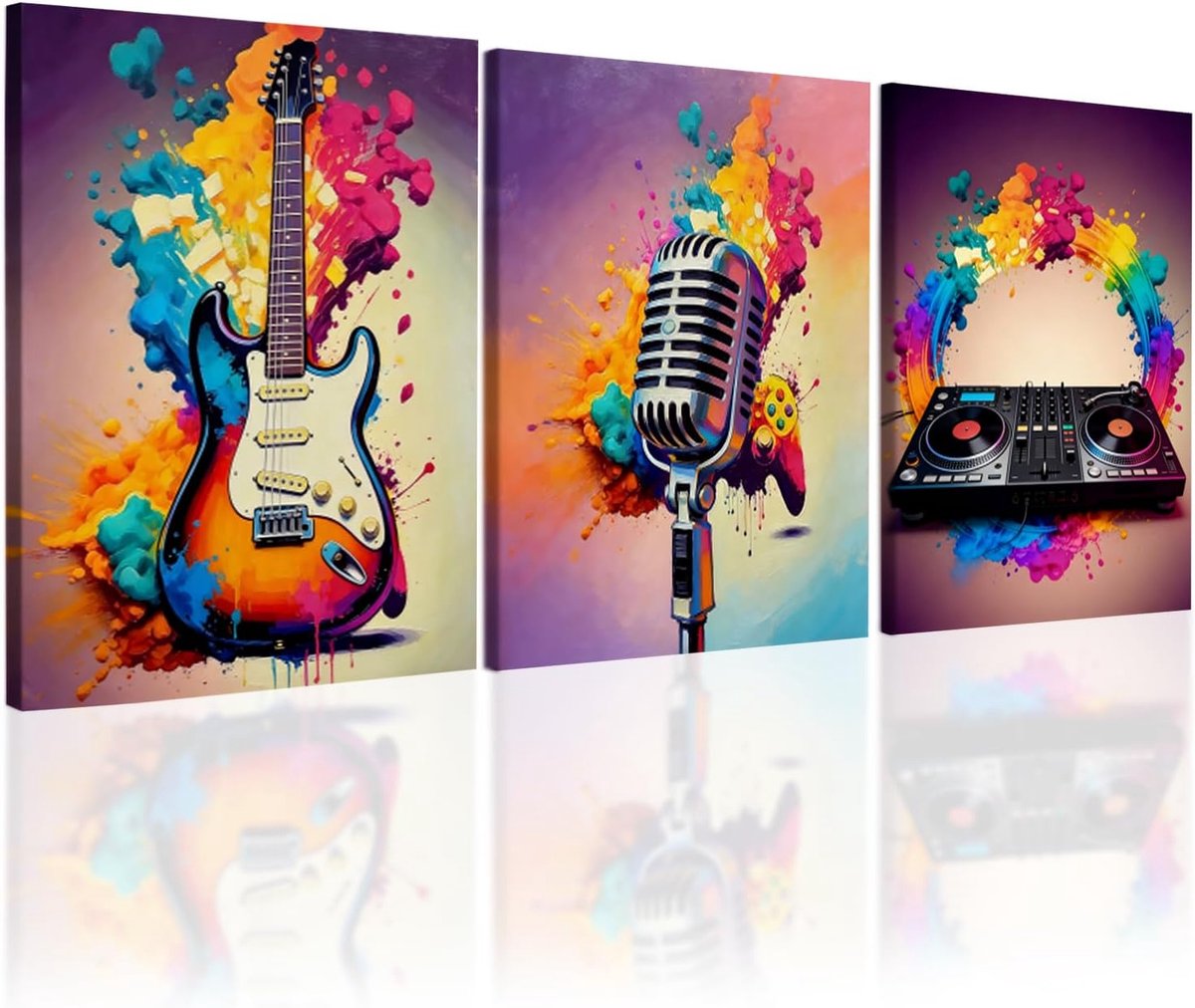 Rongxze 3 stuks ingelijste graffiti muziek wandafbeeldingen, 40 x 30 cm, elektrische gitaar, microfoon, DJ - ShopVlot