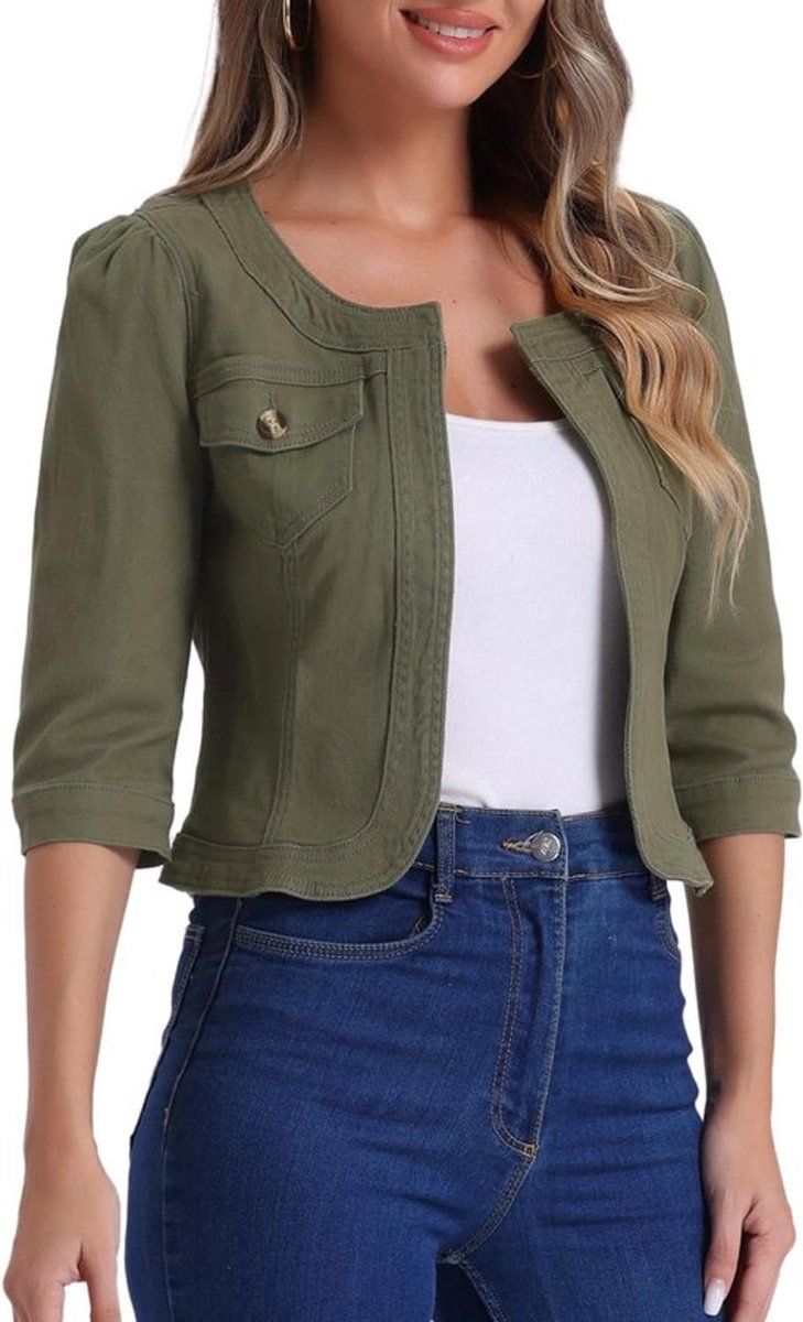 Groene dames jeansjas zonder kraag met 3/4-mouwen, maat XS