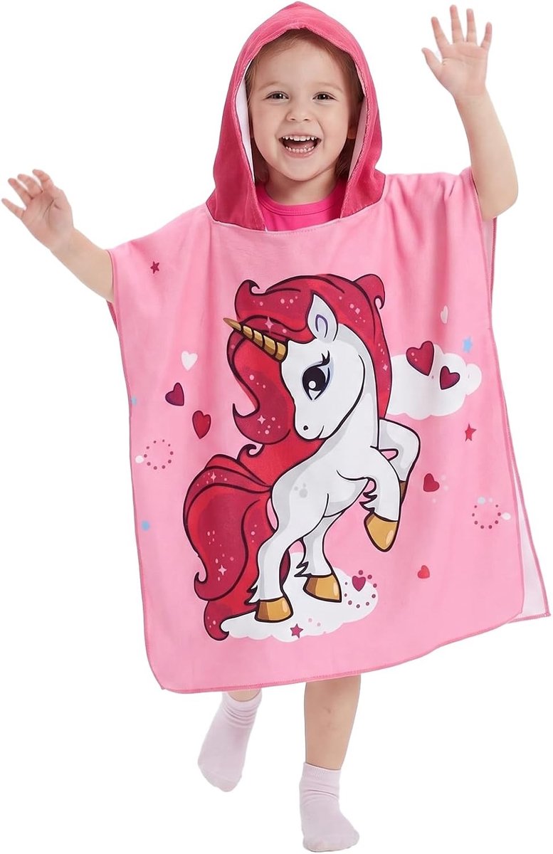 Zachte en Absorberende Microfiber Badponcho voor Kinderen met Kap - Handdoek voor Strand en Zwembad 70 x 150 cm (Roze Eenhoorn)