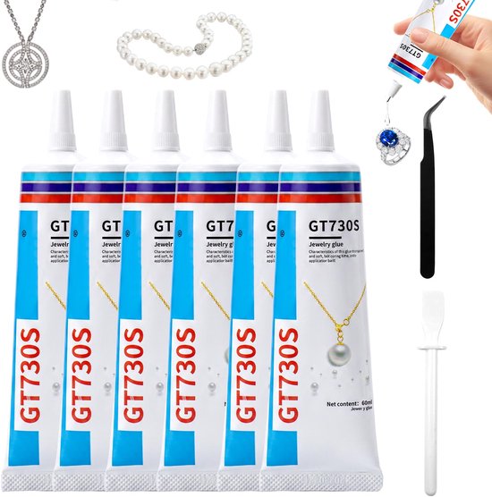 Set van 6 GT730S sieradenlijmtubes inclusief een zwarte pincet en een witte spatel.