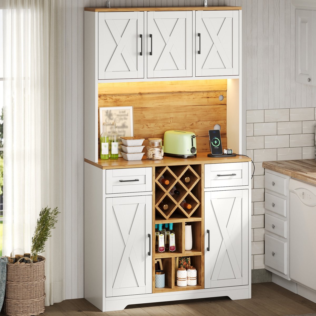 DESMIU Keukenkast - Hoge Opbergkast Met Ledverlichting En Wijnrek - Voor Keuken Woonkamer En Eetkamer - MDF - 105x40x180 Cm - Wit Naturel