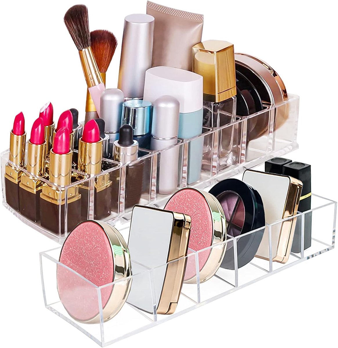 Thijox - 2 Stuks Afneembare Cosmetica-Organizer met 6 en 8 Vakken - Transparante Make-up Opbergdozen voor Effectieve Cosmeticastorage - Ideaal voor Wa