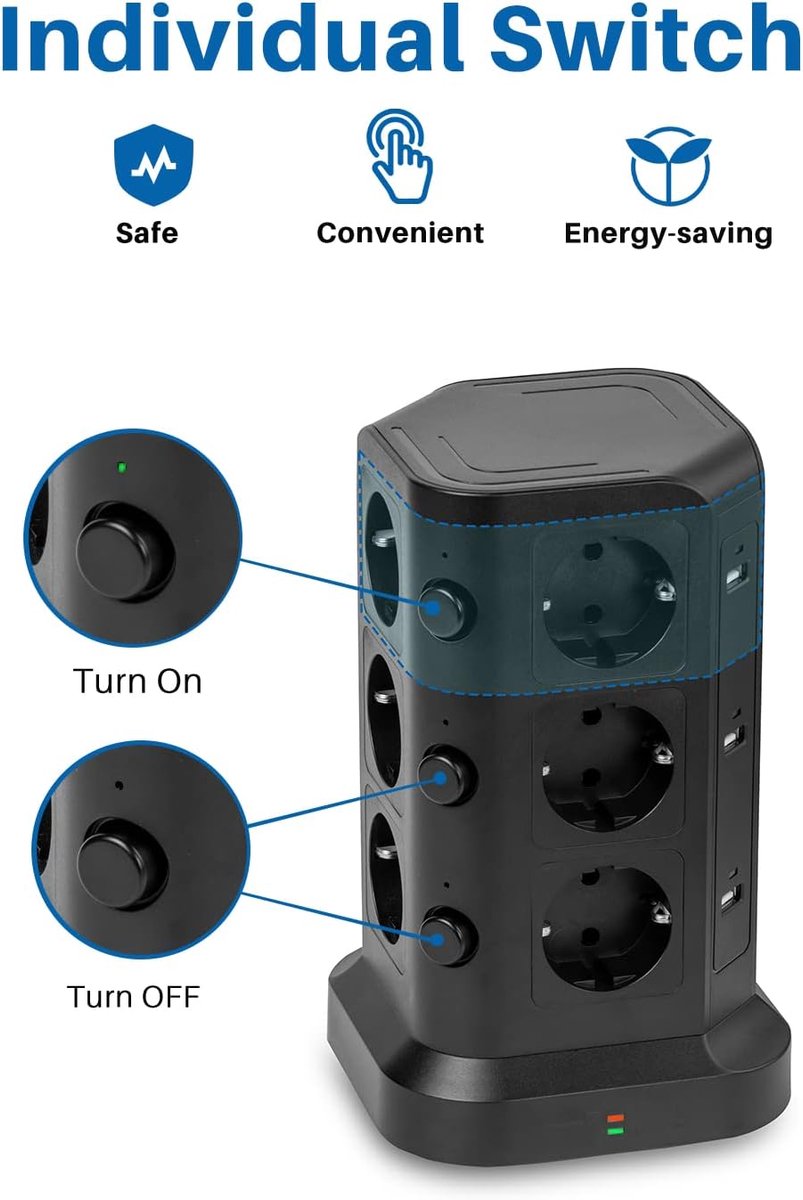 Thijox - 12-voudige stekkertoren met overspanningsbeveiliging, 4000 W/16 A, 6 USB-aansluitingen, 5 m snoer, veilig en stabiel, ideaal voor kantoor, ke