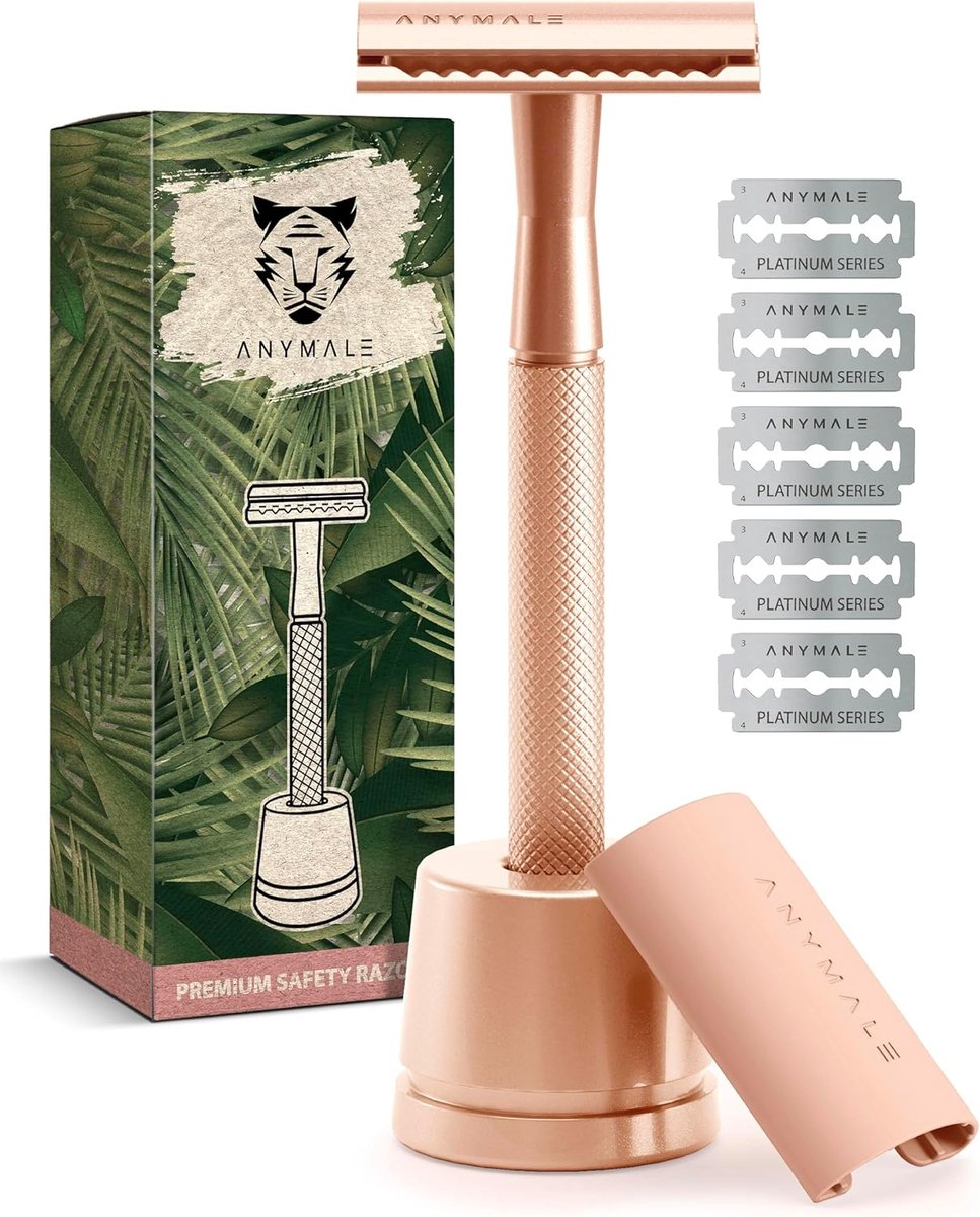 Thijox - Scheermes Dames Rosegold Edition - Inclusief 5 Reservemesjes & Standaard - Duurzaam Nat Scheermes - Zero Waste Vrouwen Scheermes van Metaal