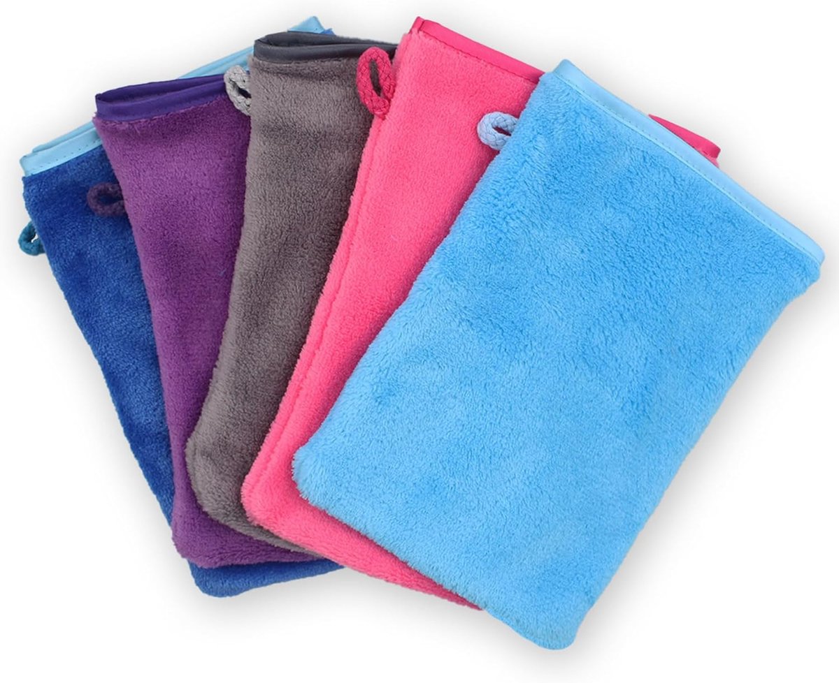 SnelShoppen - Pack van 5 Microfibre Washandjes met Sponshandvatten, Gezichtsdoekjes, Badhandschoenen, Make-up Verwijderen, 14x21 cm in 5 Kleuren