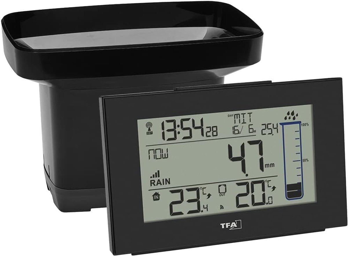 SnelShoppen - Draadloze Regenmeter en Temperatuurmeter voor Tuin en Balkon - Weerstation met Historiefunctie, Alarmklok, Zwart, 150x44x96 mm