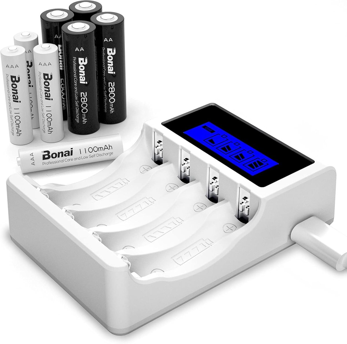 SnelShoppen - Oplaadbare Batterijlader 4 Slots voor AA/AAA Batterijen met LCD Indicator - Inclusief 4 Ni-MH AA 2800mAh + 4 AAA 1100mAh Batterijen - Id