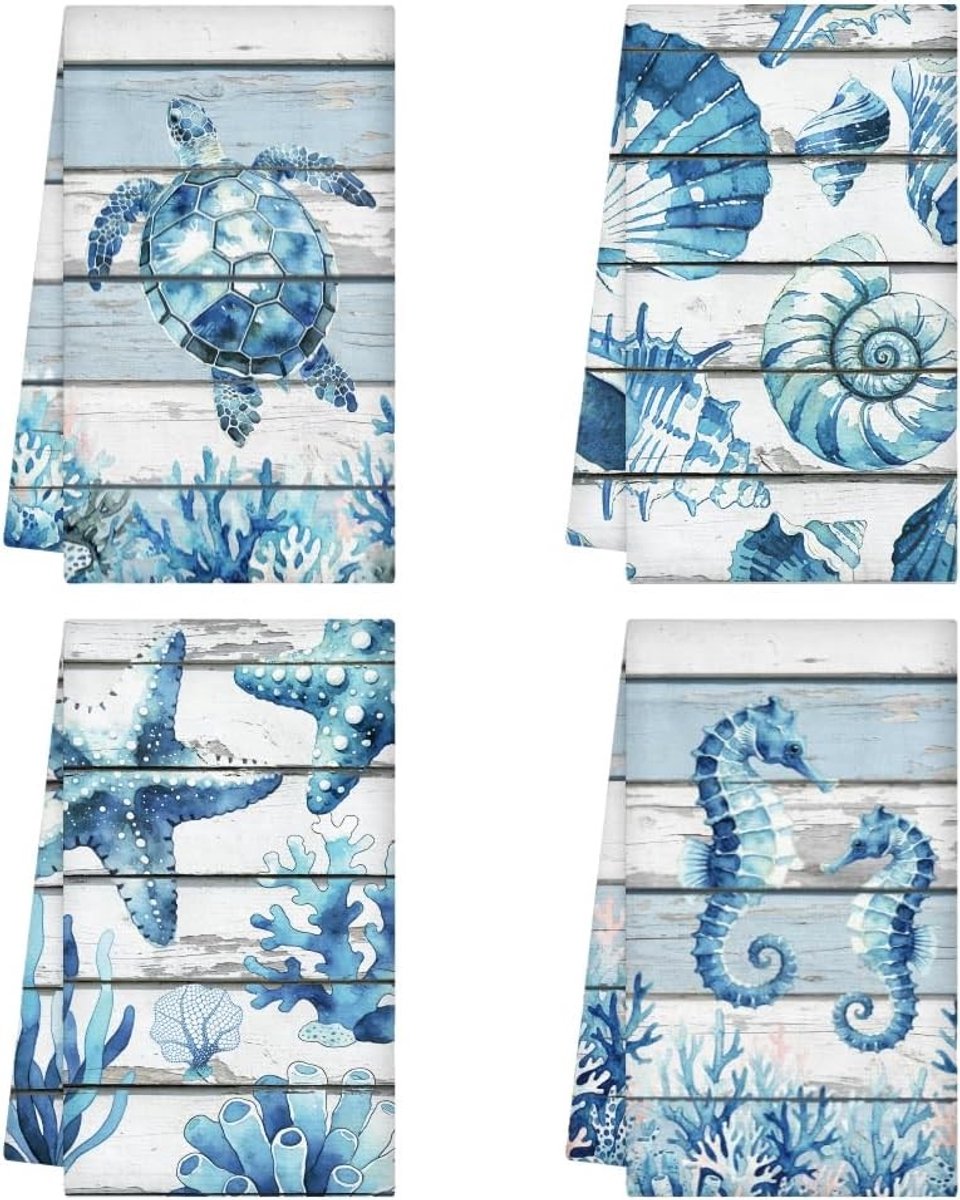 4 Stuks Oceaan Strand Keukenhanddoeken met Zeester, Zeeschelp en Schildpad Motief - Zachte Microfiber Handdoeken voor Keuken en Badkamer, Perfect Absorberend en Decoratief