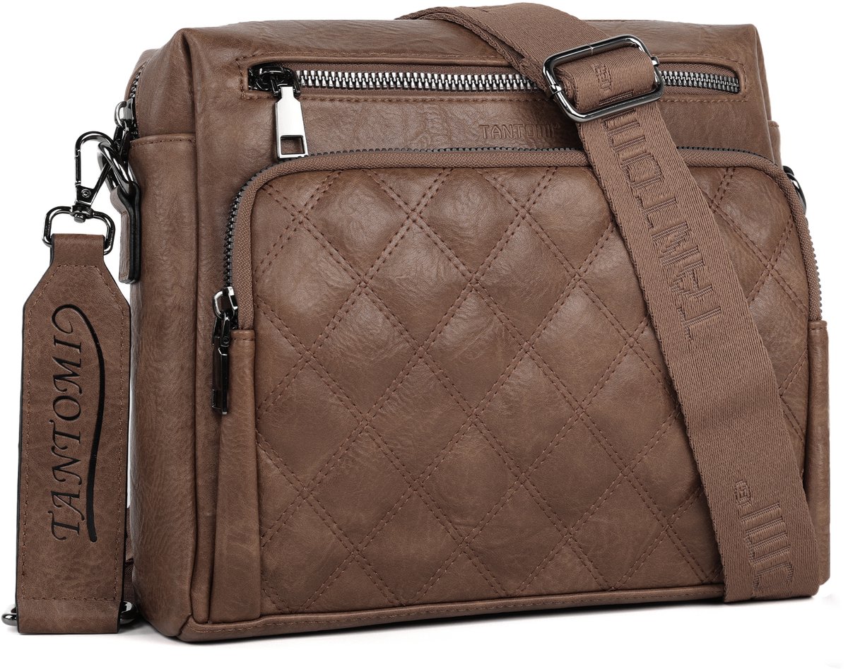 TANTOMI - Dames Schoudertas - met 6 RFID-Kaartsleuven - Crossbodytas Middelgrote - Met Verstelbare en Afneembare Brede Band - Donkerbruin