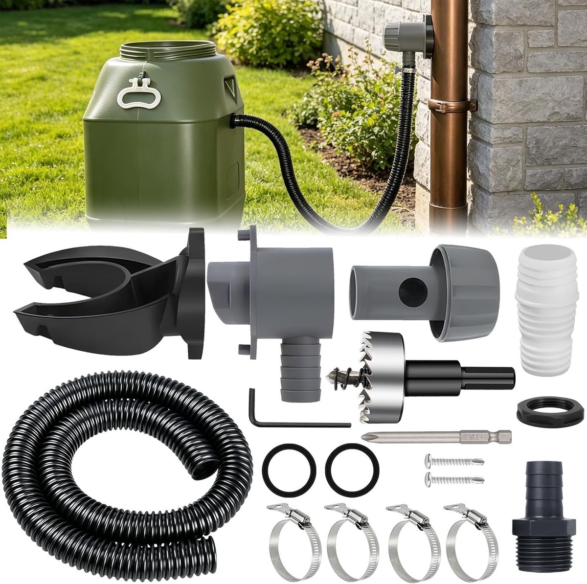 Efficiënte regenwatercollector voor afvoeren 70-110 mm, inclusief montagemateriaal en 1 m slang voor regenopvang en regenwatertankverbinding, ideaal voor daken tot 80 m²