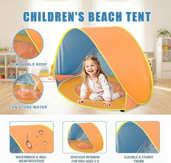 Oranje strandschelp pop-up tent voor baby's en peuters met UPF 50+ uv-bescherming en waterdichte bodem, ideaal voor strand en buitenactiviteiten — afbeelding 2