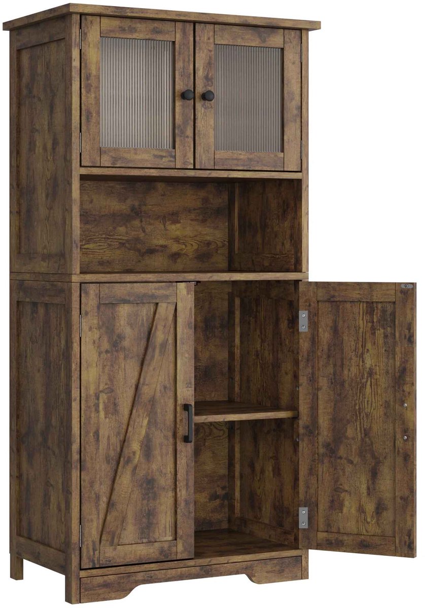 CORE Keukenkast - Vrijstaande Pantrykast met 4 Deuren - 128 cm Hoge Opbergkast met Open Vakken en Gehard Glazen Deuren - Ruime Voorraadkast - Moderne Opbergkast met Veelzijdige Opbergruimte - 60x30x128cm - Rustiek Bruin