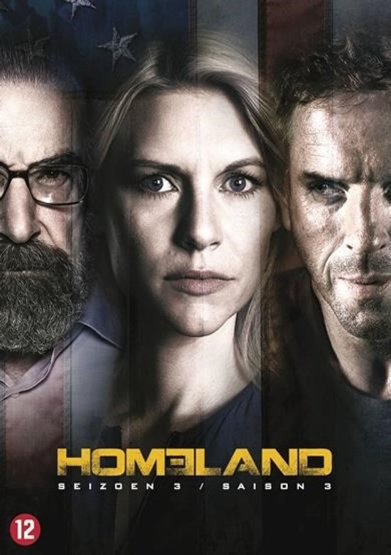 Homeland Seizoen 3 DVD-cover met drie hoofdrolspelers tegen een Amerikaanse vlag.