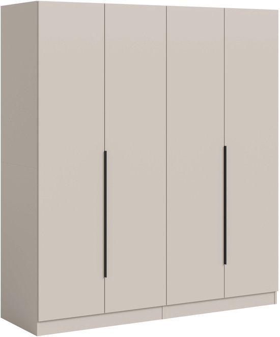 Gesloten, modulaire kledingkast met 4 deuren in kasjmier, met lange zwarte handgrepen.