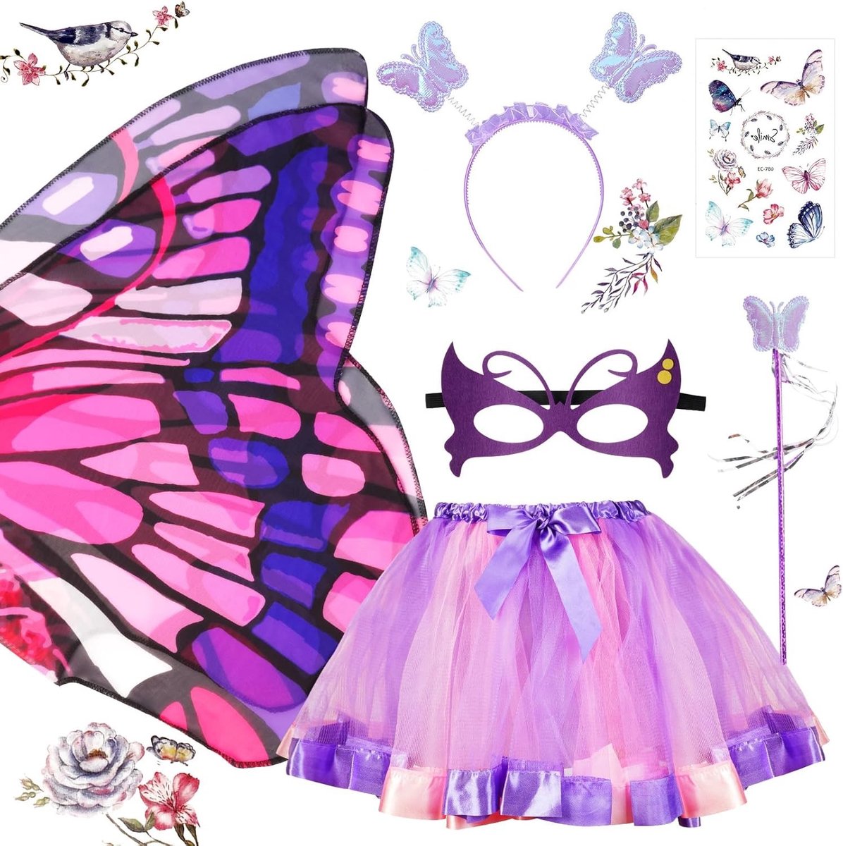 6-delige Kostuumset met Vlinder Vleugels voor Kinderen, Prinses en Feeën Outfit met Tutu Rok, Perfect voor Halloween en Feestjes