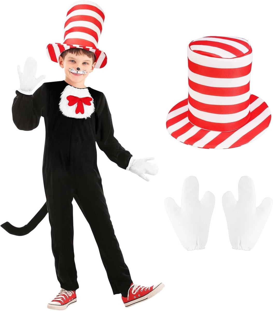 Kids kostuum voor kattenliefhebbers - The Cat In The Hat jumpsuit met gestreepte hoed, strik en staart - Perfect voor verkleedpartijen en Halloween