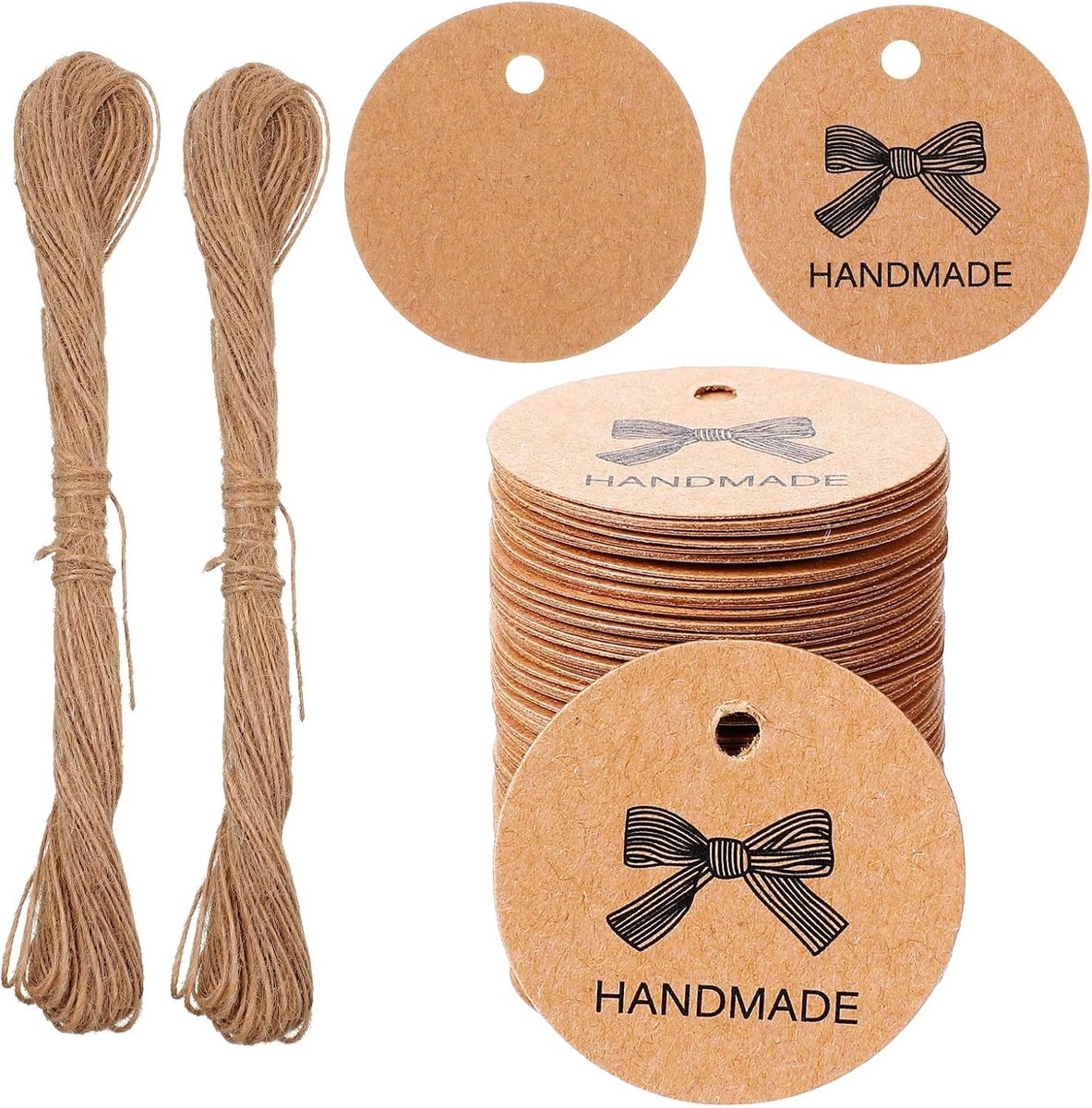 Set van 200 Kraft Papieren Cadeau Labels, Handgemaakte Ronde Etiketten met 40m Jute Touw, Decoratieve Labels voor Verpakking en Geschenken