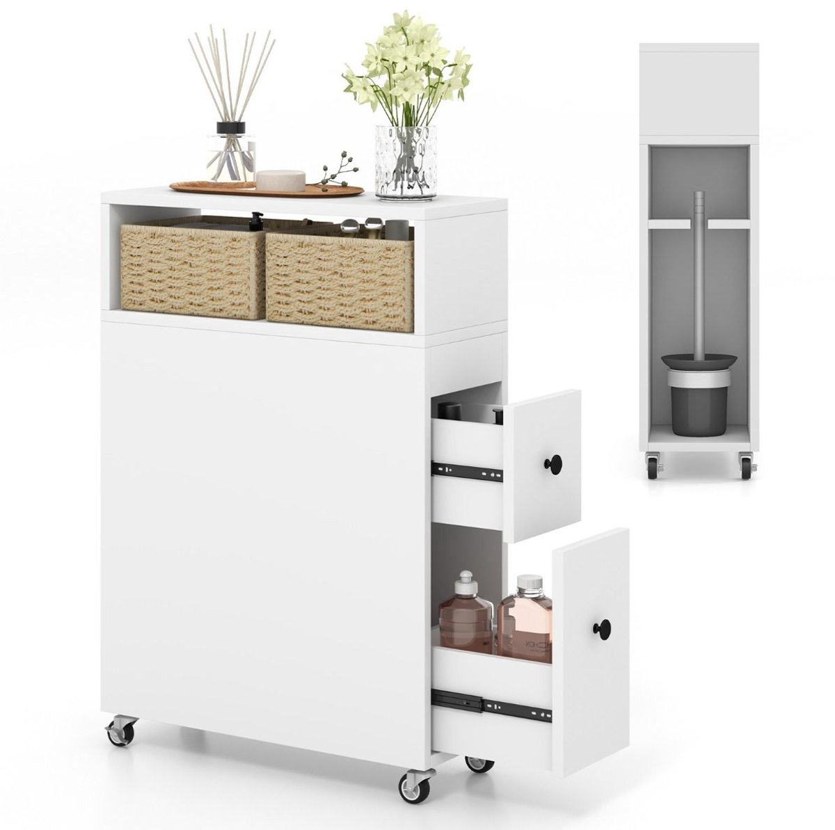SureDeal® - Badkamerkast - Mobiele Smalle Opbergkast - Badkamer Wit - 50x19x72 cm - Wit