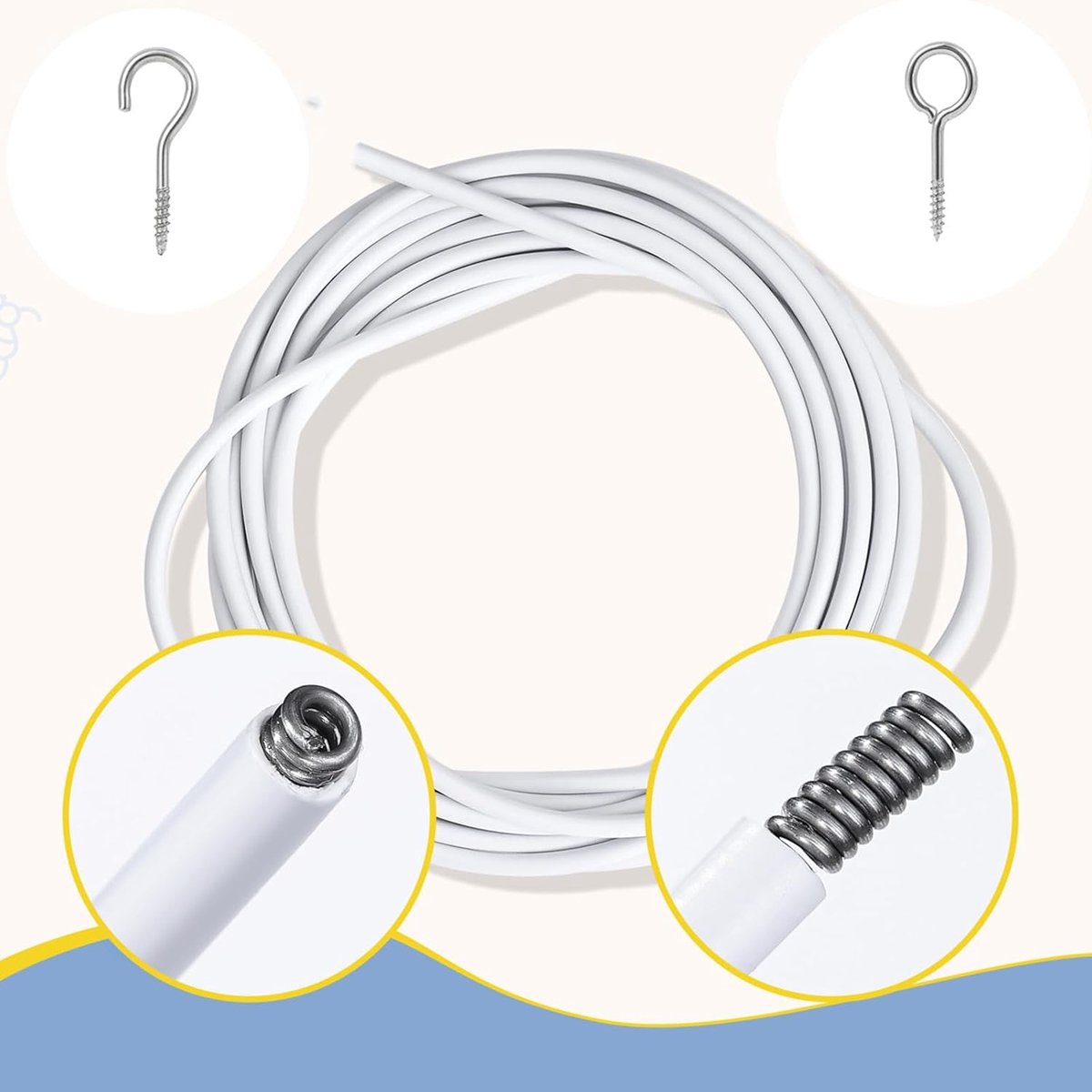 Staaldraad - Gordijnspiraal van staaldraad - Spanveer - 4 meter - Set spiraalstaaldraad - Inclusief bevestigingsmateriaal/accessoires - Gordijnstaaldraad - Met schroefogen en haken - Geschikt voor gordijnroden, gordijnen en douchegordijnen