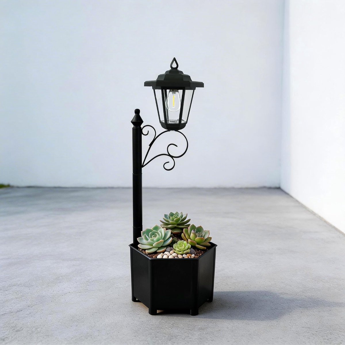Thijox - 2-in-1 Lantaarn op Zonne-energie met Bloempot, 75 cm, Automatische Schemeringssensor, Waterdicht, Decoratie voor Terras en Balkon, Zwart