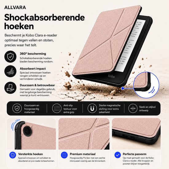 Allvara® Ereader hoes - Kobo Clara BW - Multifunctioneel - Ingebouwde standaard Trifold - Wake/Sleep Cover - 360° Bescherming - Rose Goud — afbeelding 5