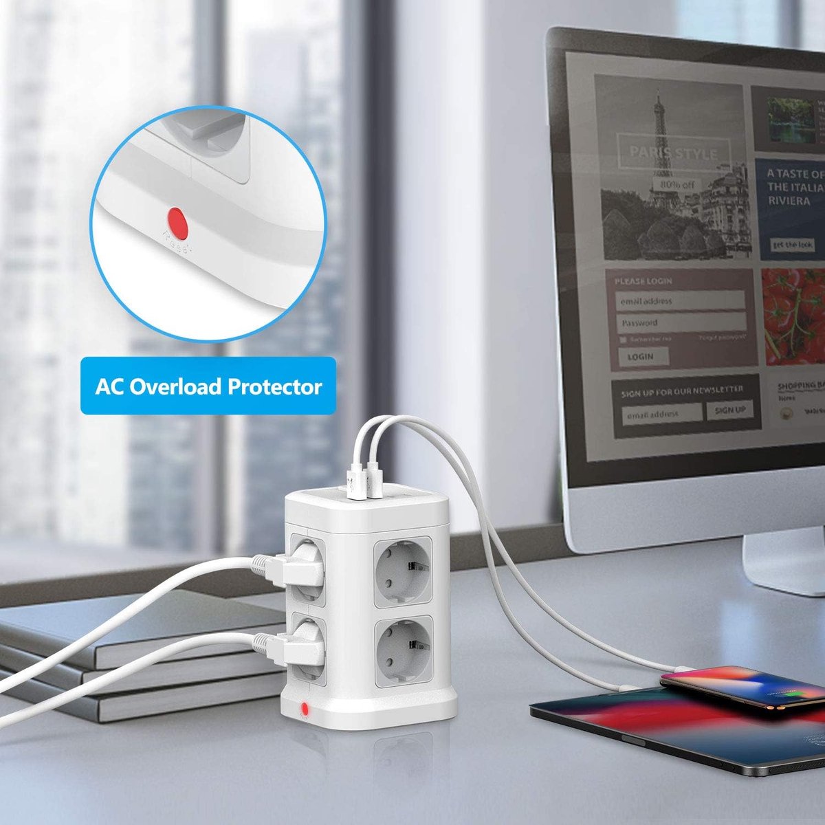 SnelShoppen - JSVER 8-voudige Stekkerdoos USB, Meervoudige Contactdoos Cube met 8 Stekkers en 4 USB Poorten (5V/4.8A), Schakelaar, 2m Kabel, Wit - Per