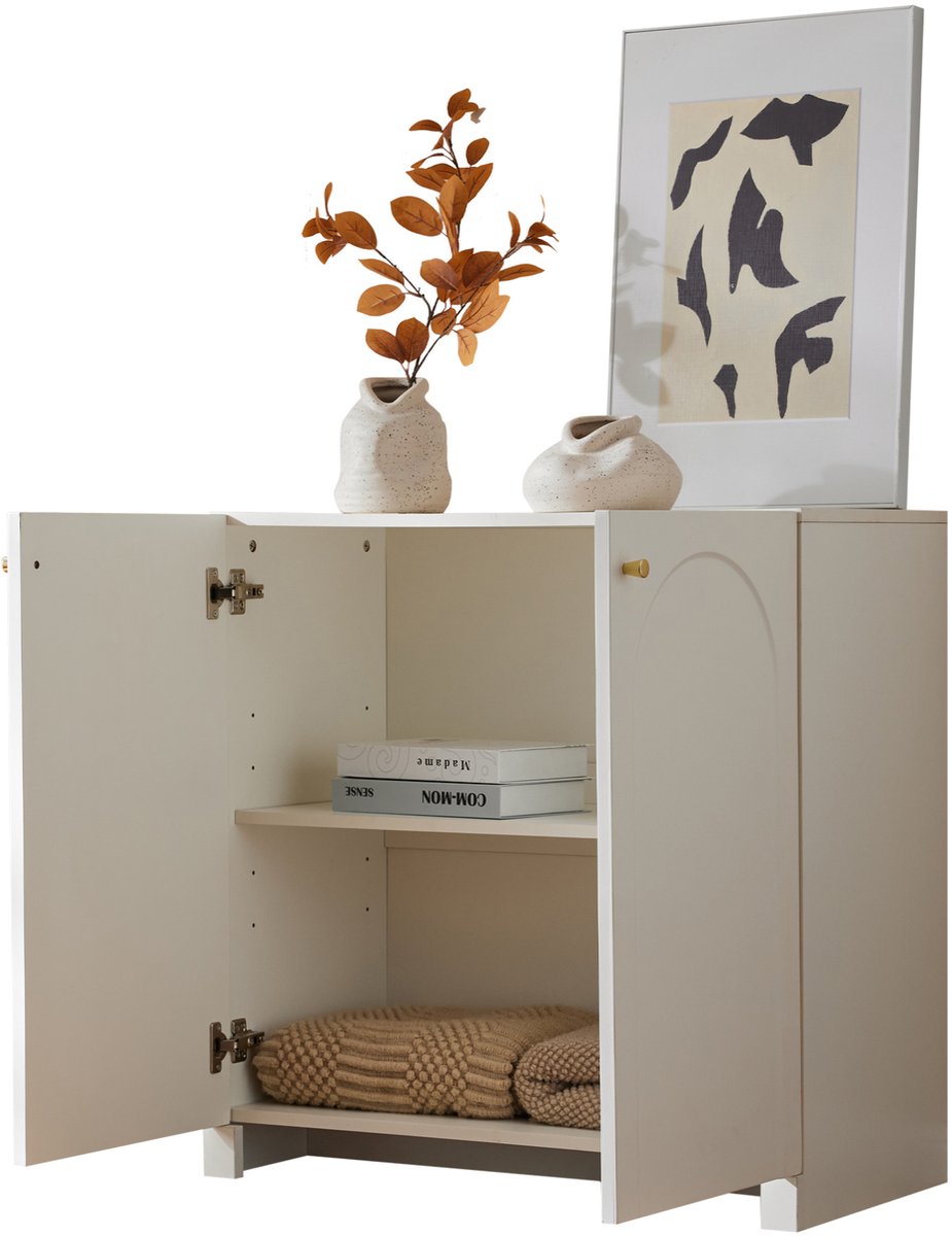 COVREO Dressoir 80 x 40 x 80 cm - 2 deuren, wit, gouden grepen