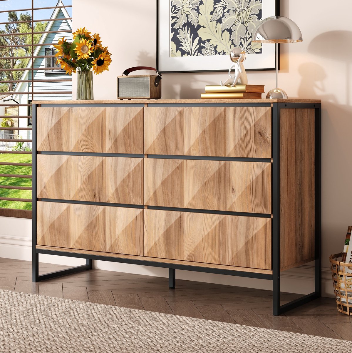 COVREO Dressoir 120 x 40 x 80 cm - 6 lades, zwart en naturel, metalen frame