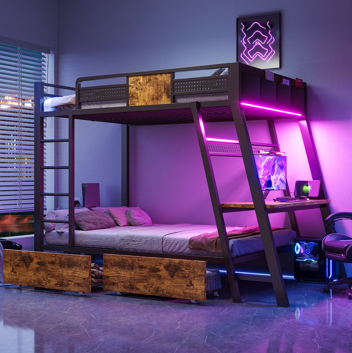 OKWISH Stapelbed 90x200 cm - Met Bureau en Ledverlichting - Met Opbergruimte en Ladder - Zonder Matras - Jeugdkamer - Metaal en MDF - Zwart