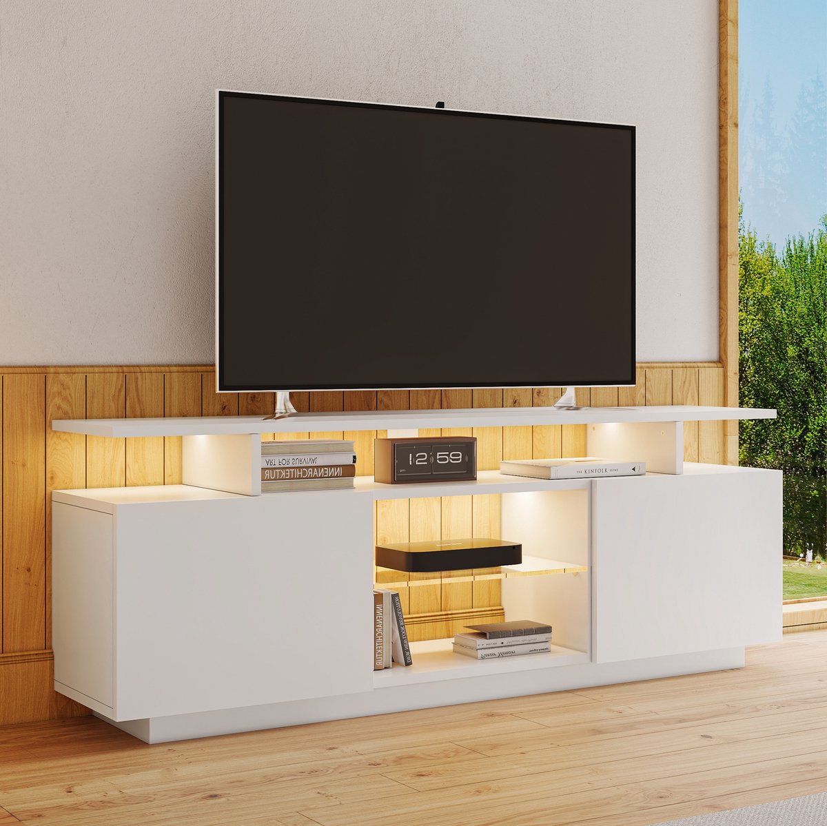 COVREO TV meubel 140 x 35 x 55 cm - wit, met LED-verlichting, 2 deuren en 5 open vakken