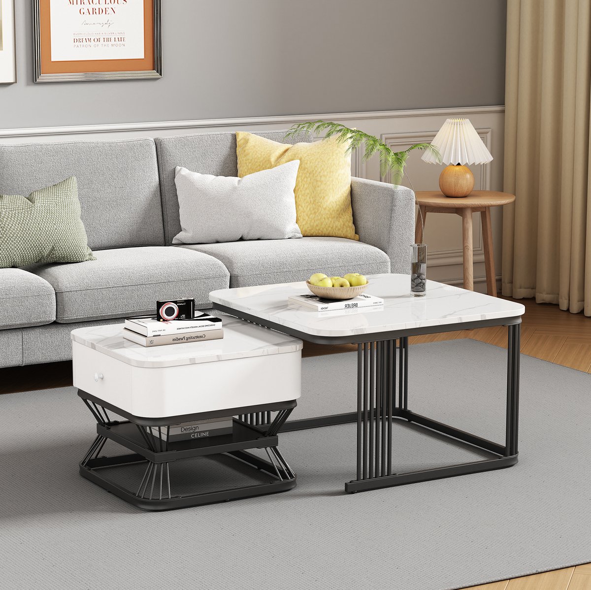 COVREO salontafel set 70 x 70 x 45 cm + 50 x 50 x 40 cm - 2-delig, marmorlook, wit zwart