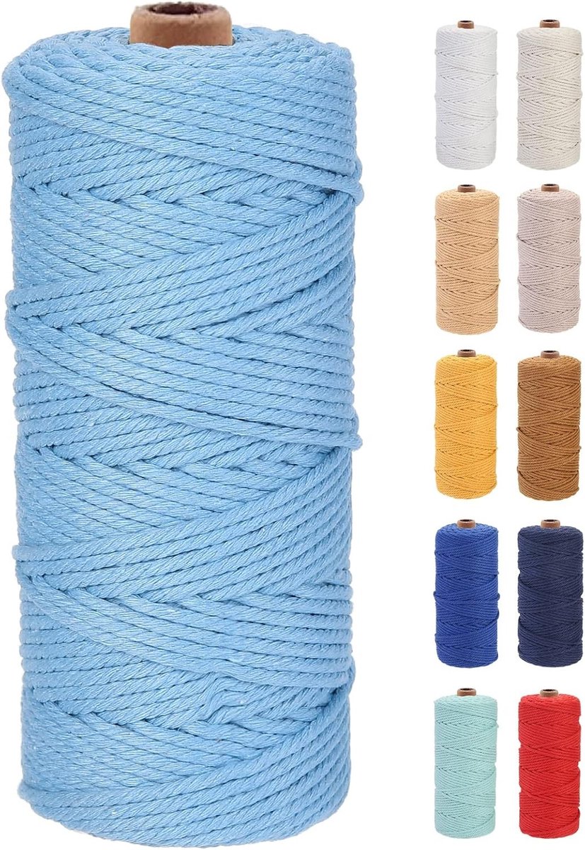 Premium Katoenen Macrame Touw 3mm x 100m, Zacht en Duurzaam, Ideaal voor Macrame Projecten en Handgemaakte Creaties, Chemisch Vrij (Lichtblauw)