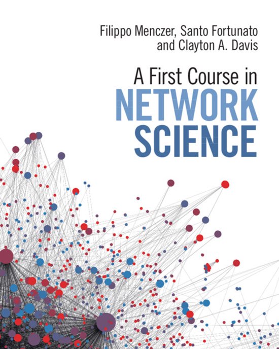 Boek 'A First Course in Network Science' met abstracte netwerkvisualisatie in rood, blauw en paars.
