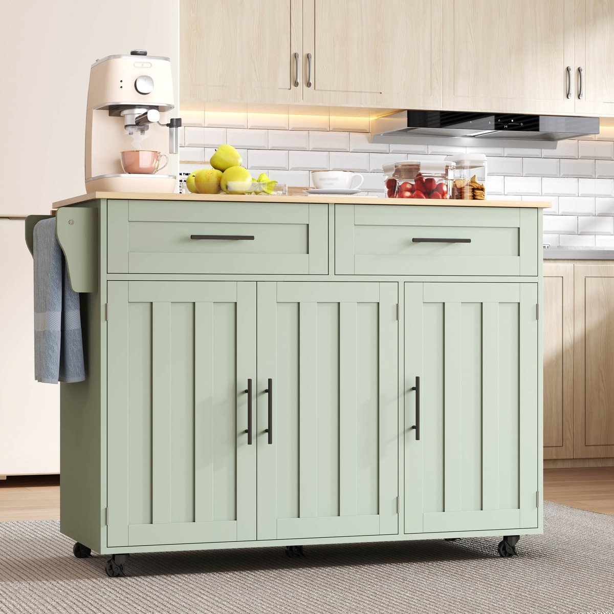OKWISH Keukeneiland Op Wielen - Uitklapbaar Werkblad - 129 x 46 x 91,5 cm - 2 Laden En Kastvakken - MDF Antiekgroen