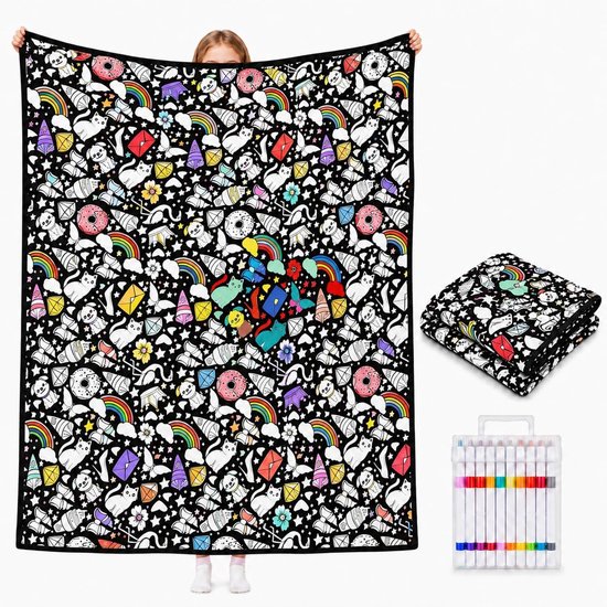 DIY Kleurdeken Met 12 Stiften - 150×125cm - wasbare fluwelen kleurdeken - Doe-het-zelf schilderdeken - schilderdeken voor volwassenen - Gezellige Woondecoratie