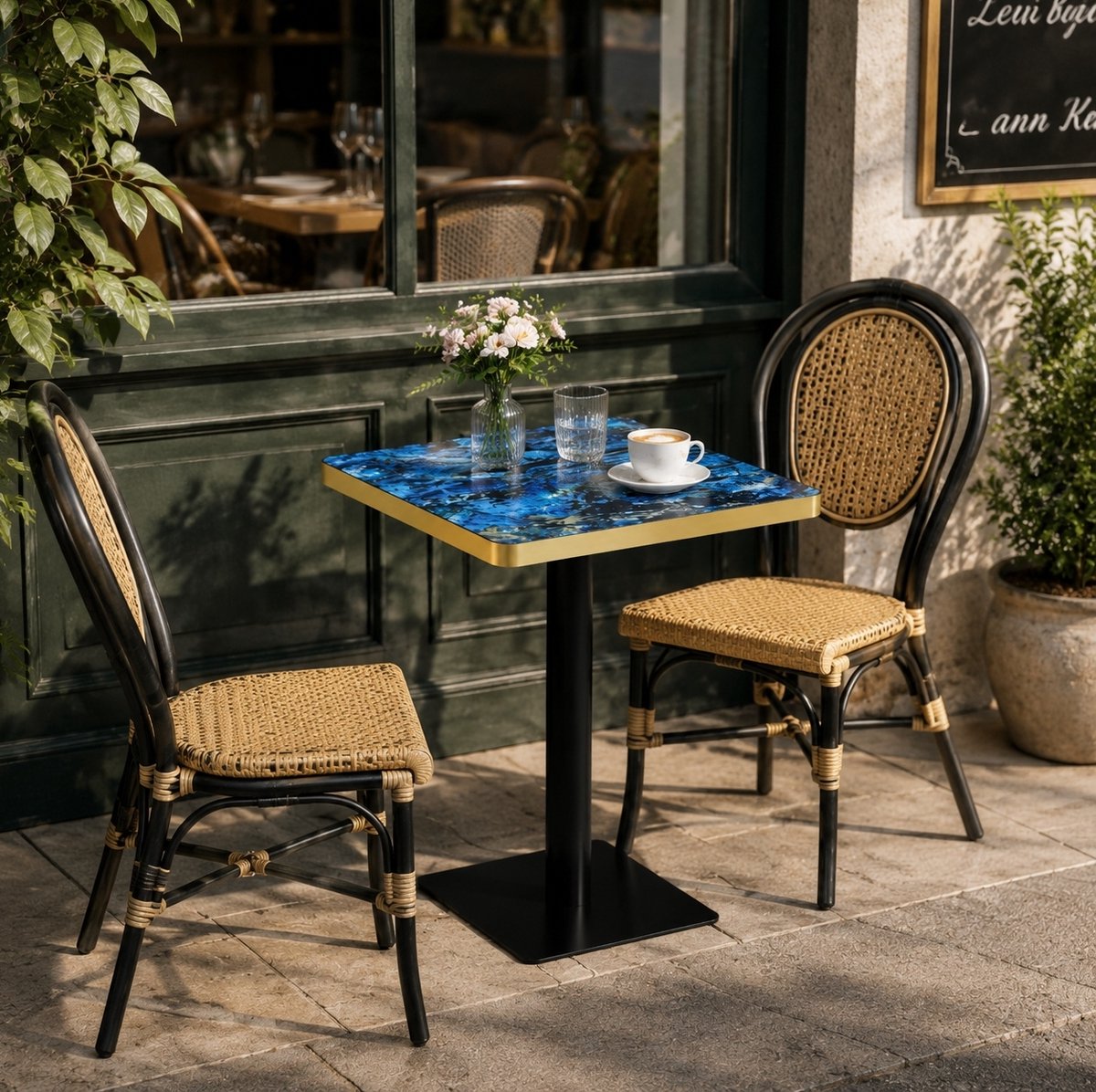 OKWISH Eettafel - Vierkante Tafel Met Marmerlook - 60 x 60 x 74 cm - Voor 2 Tot 4 Personen - Modern - MDF En Metaal Blauw