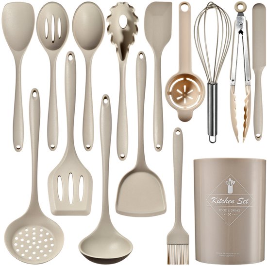 Een beige keukengerei set met 15 items, inclusief houder.